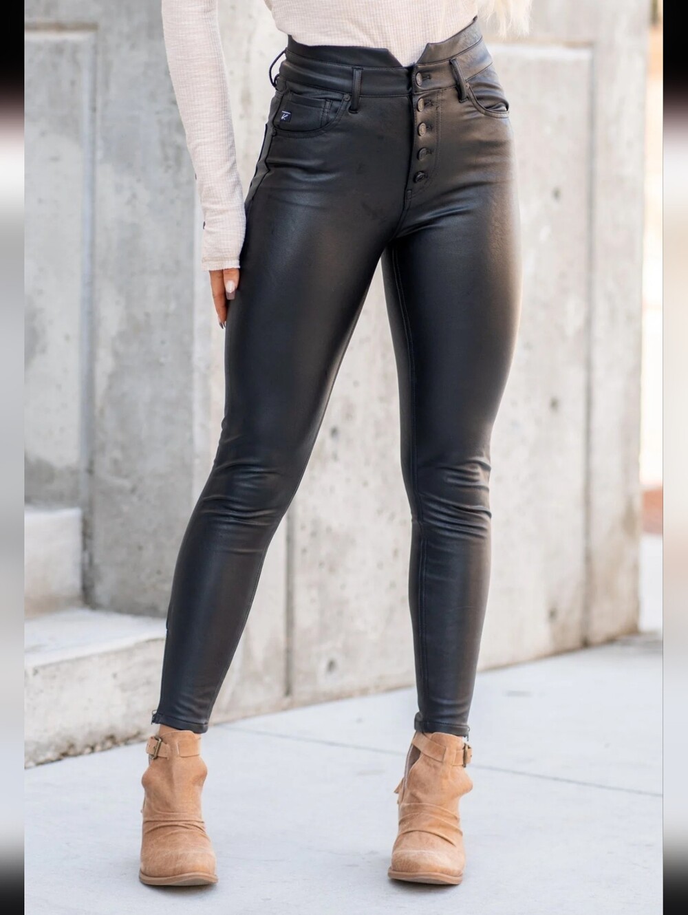 KanCan Janet Button Fly High Rise Skinny Faux Leather Ponte Pants Sz. 5/26